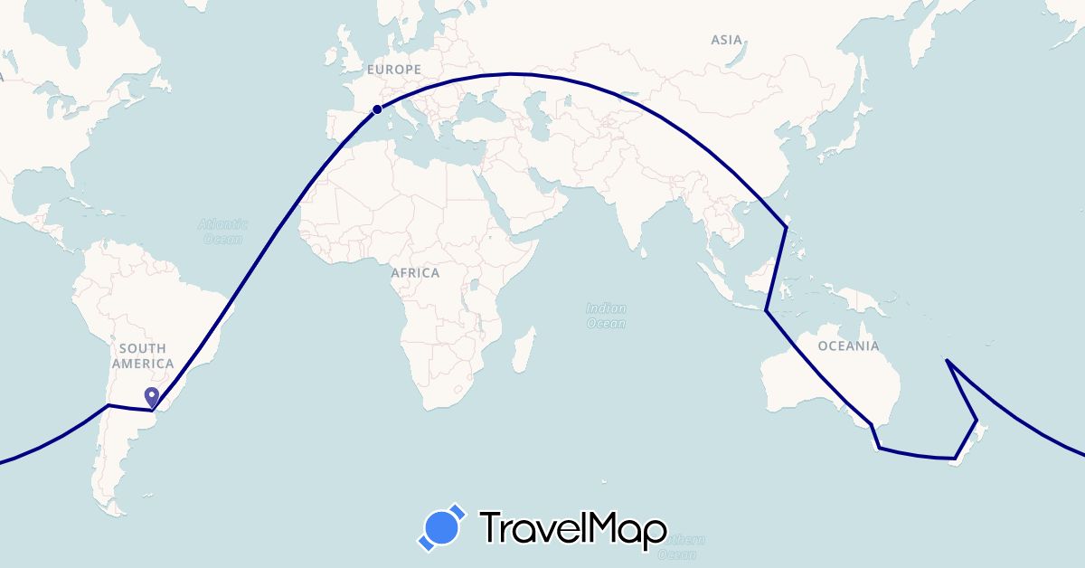 TravelMap itinerary: driving in Argentina, Australia, Chile, France, Indonesia, New Caledonia, New Zealand, Philippines (Asia, Europe, Oceania, South America)